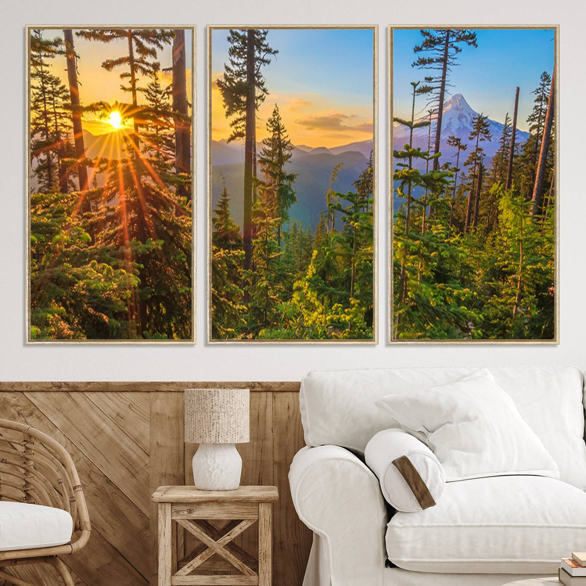 Forest Sunset Wall Art Canvas Print | Green Pines in Golden Light