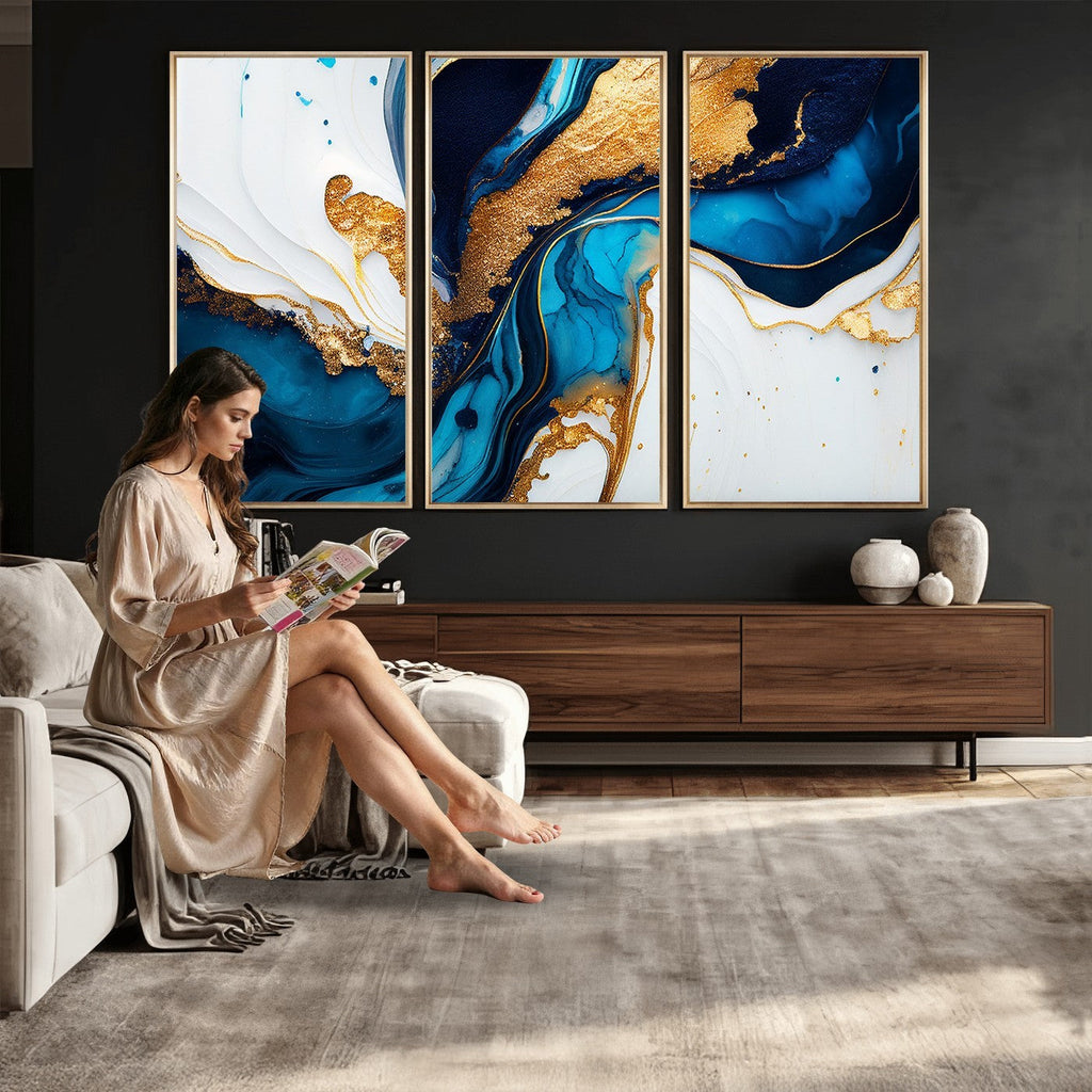 Gold Blue Abstract Canvas Print, Elegant Navy and Gold Marble Flow