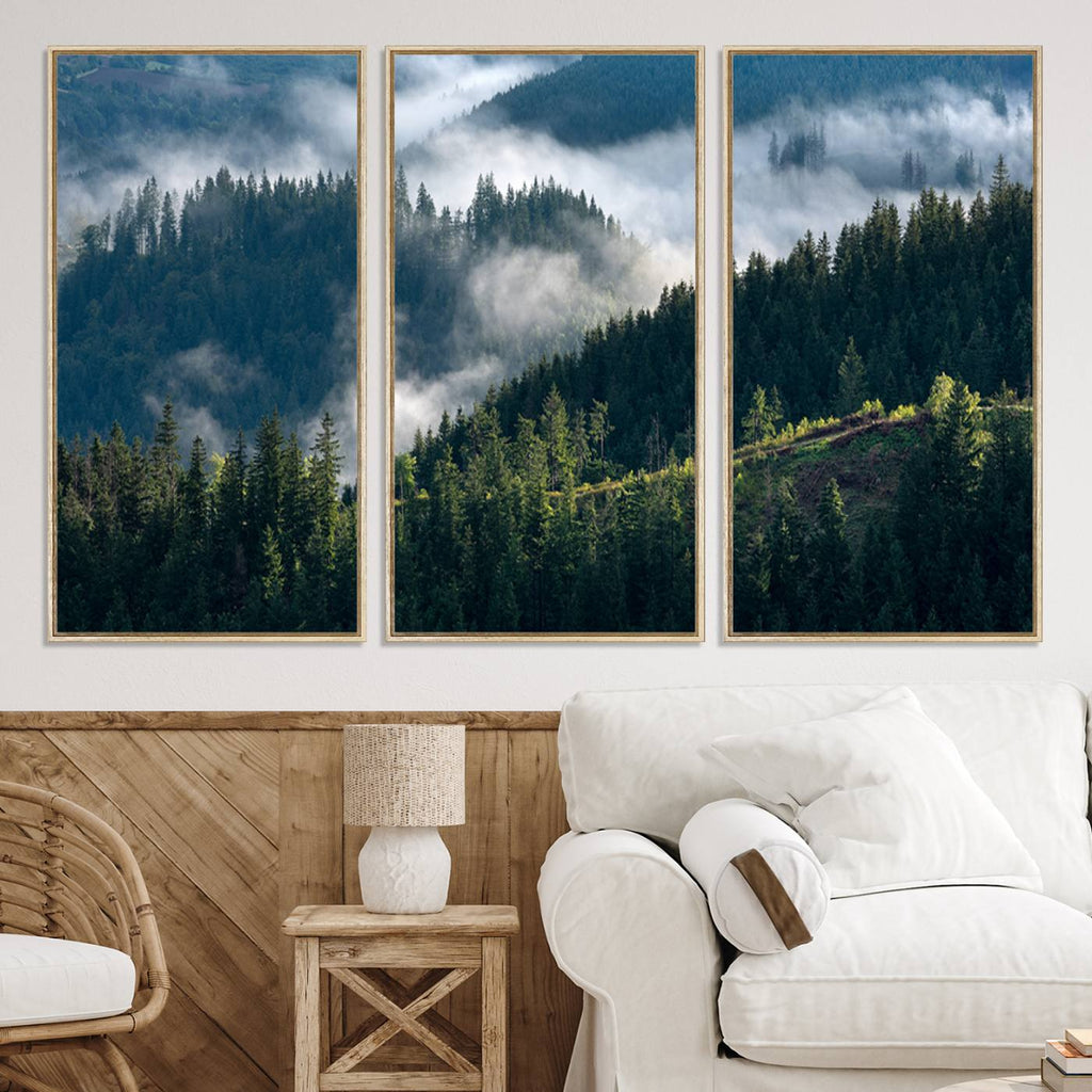 Misty Forest Wall Art Canvas Print | Pine Hills with Foggy Trees