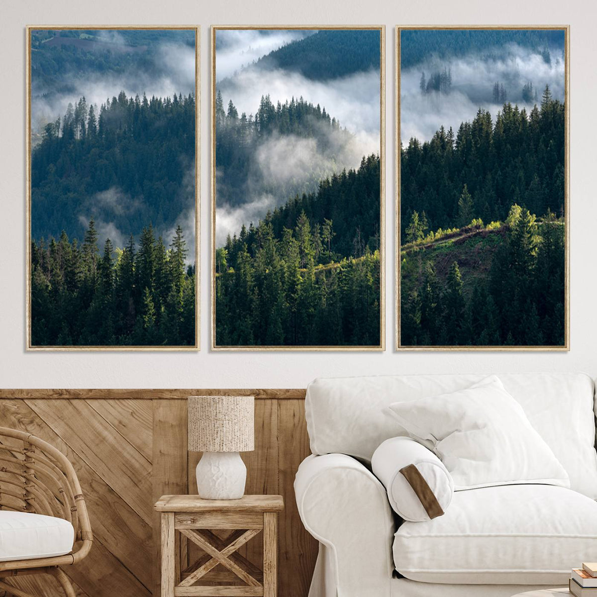 Misty Forest Wall Art Canvas Print | Pine Hills with Foggy Trees