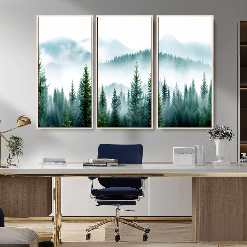 Misty Pine Forest Wall Art, Foggy Mountain Landscape Canvas