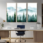 Misty Pine Forest Wall Art, Foggy Mountain Landscape Canvas