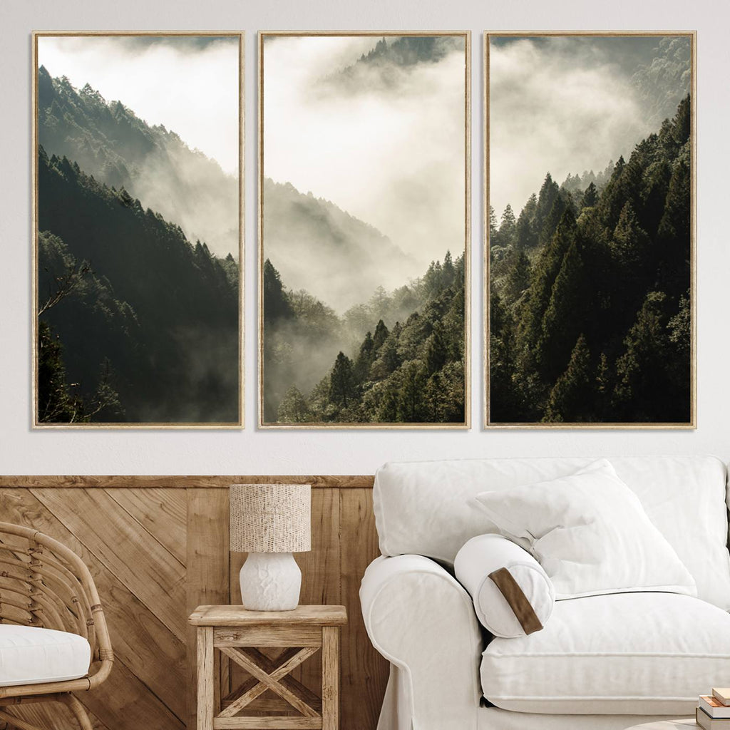 Misty Valley Wall Art Canvas Print | Foggy Forest and Pine Trees