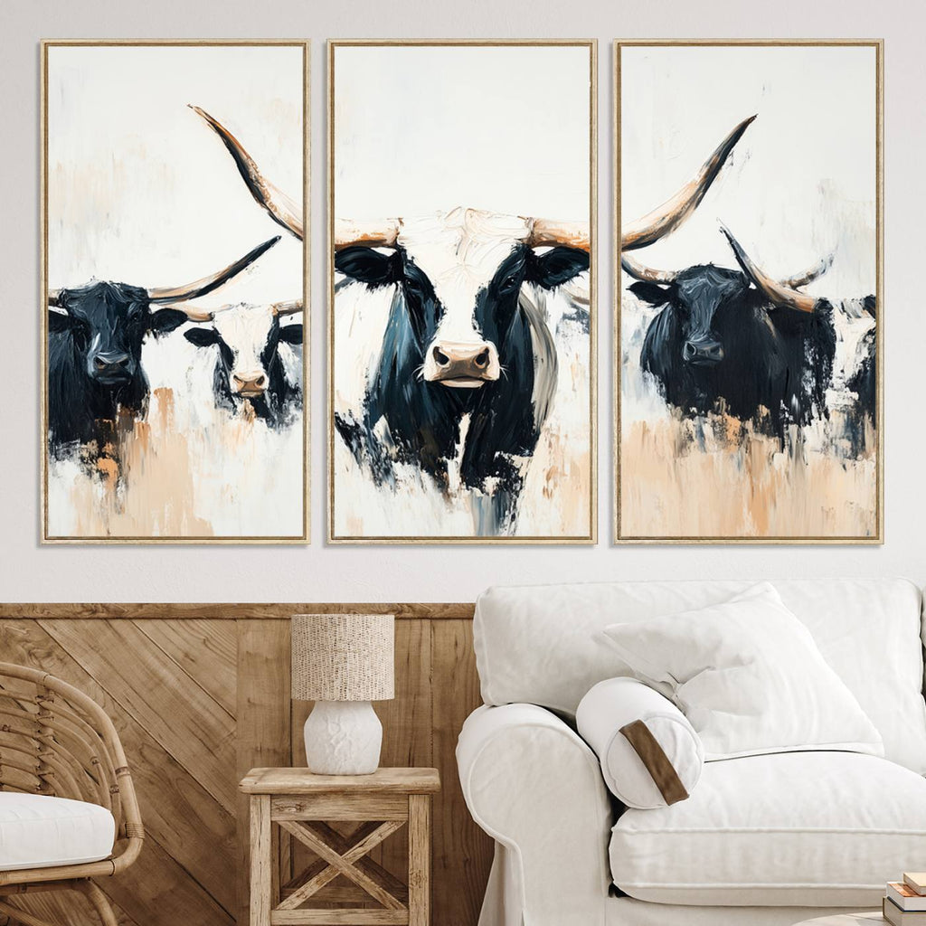 Texas Longhorn Wall Art Canvas Print | Majestic Horned Bull in Black and White
