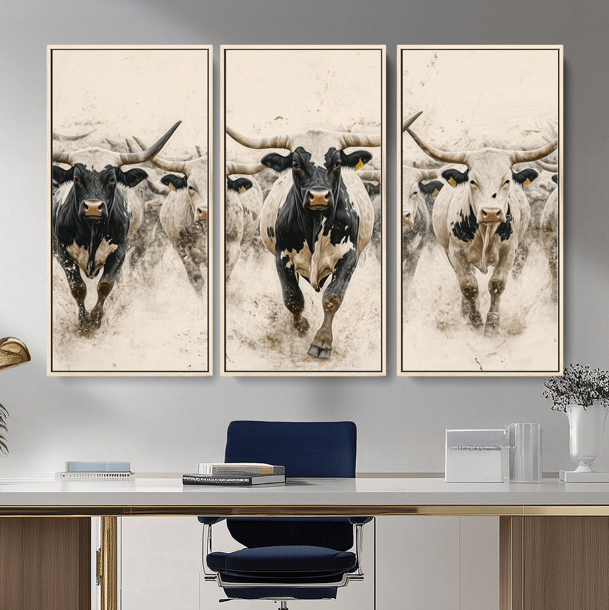 Texas Longhorn Wall Art | Framed Cattle Walking Canvas