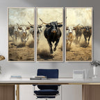 Texas Longhorn Wall Art | Framed Charging Cattle Canvas