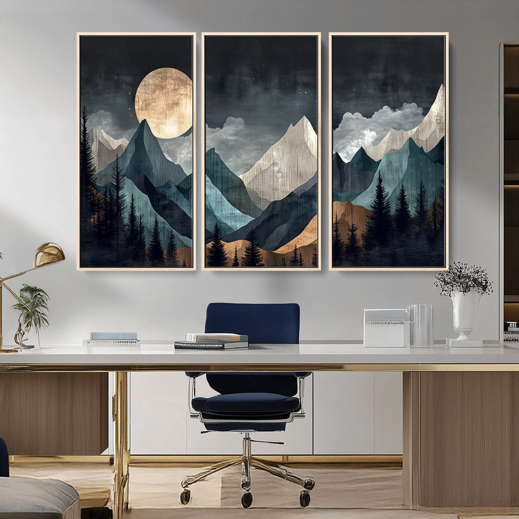 Moonlit Mountain Wall Art Canvas Print, Framed Silhouetted Pines Art, Layered Peaks Rustic Decor