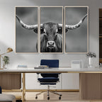 Texas Longhorn Wall Art Canvas Print, Framed Western Bull Photography, Rustic Log Cabin Decor
