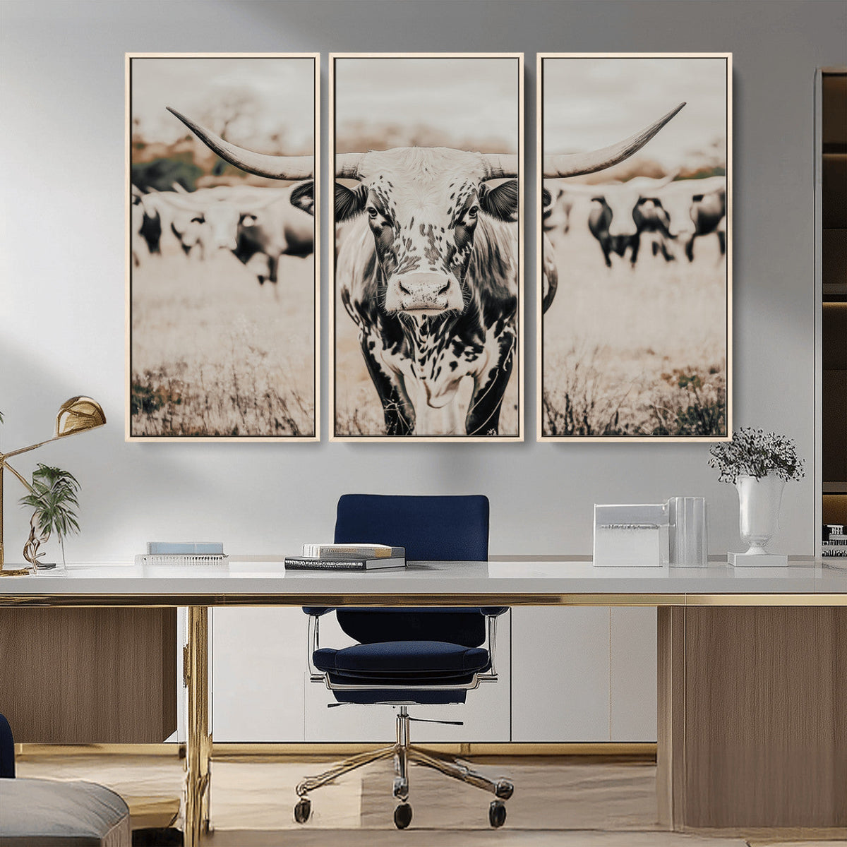 Texas Longhorn Wall Art Canvas Print | Framed Speckled Brown and White Bull