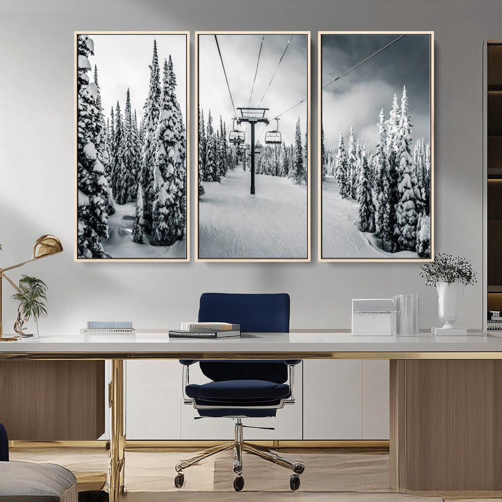 Snowy Pines Wall Art Canvas Print | Ski Lift in a Winter Forest