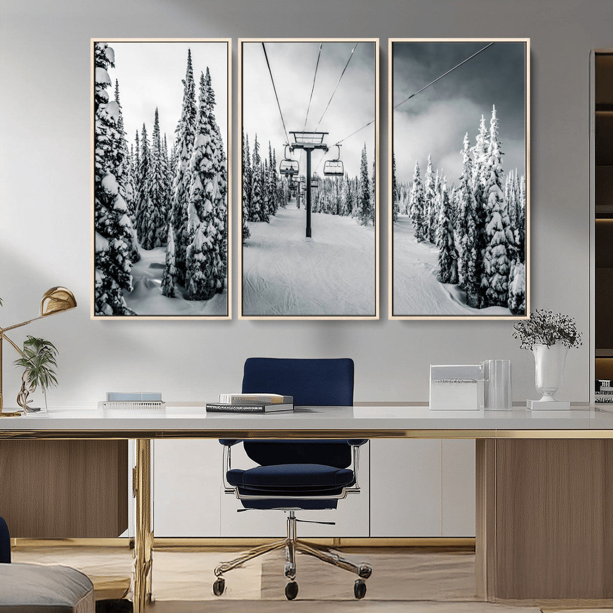 Snowy Pines Wall Art Canvas Print | Ski Lift in a Winter Forest