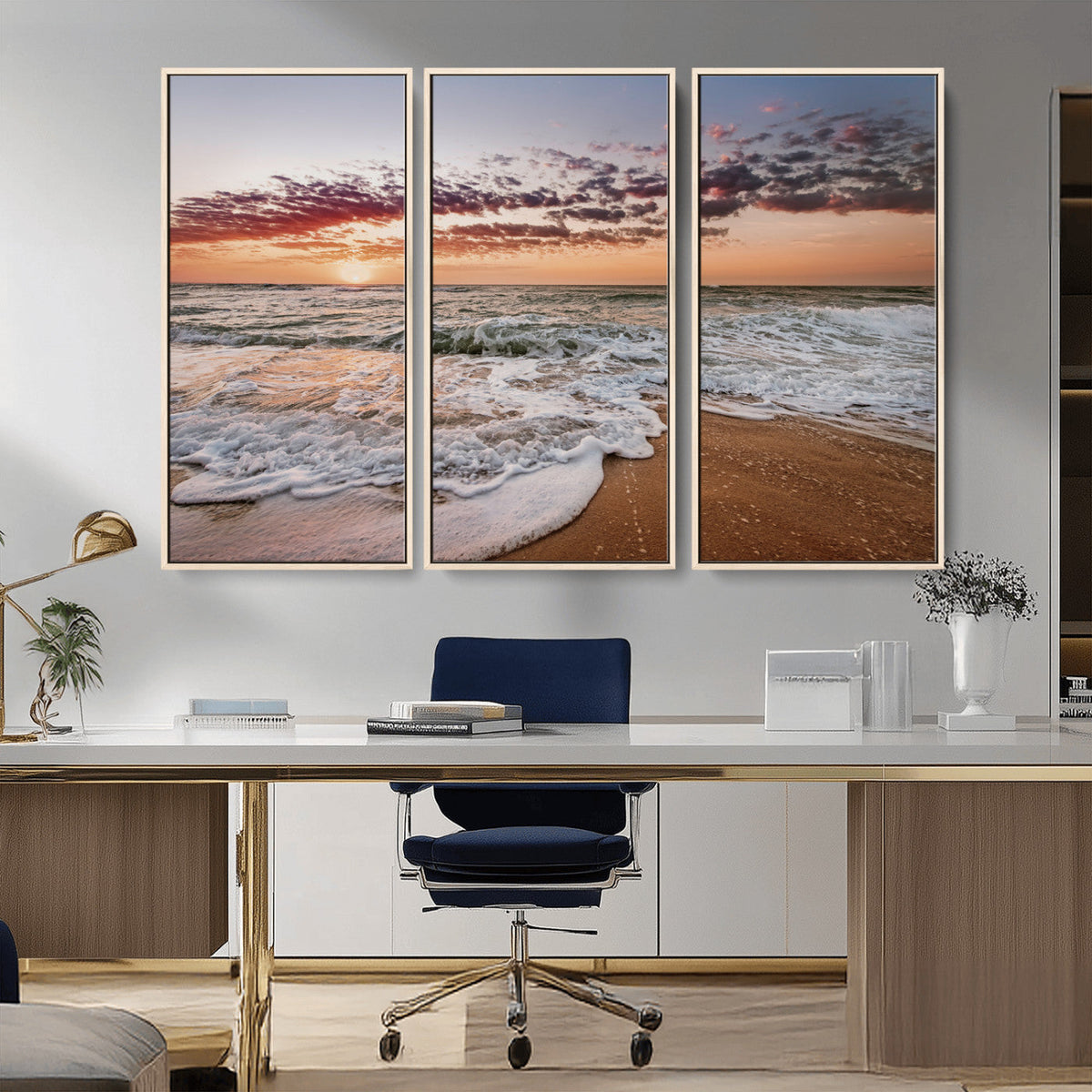 Ocean Sunset Wall Art Canvas Print | Sandy Shore and Gentle Waves