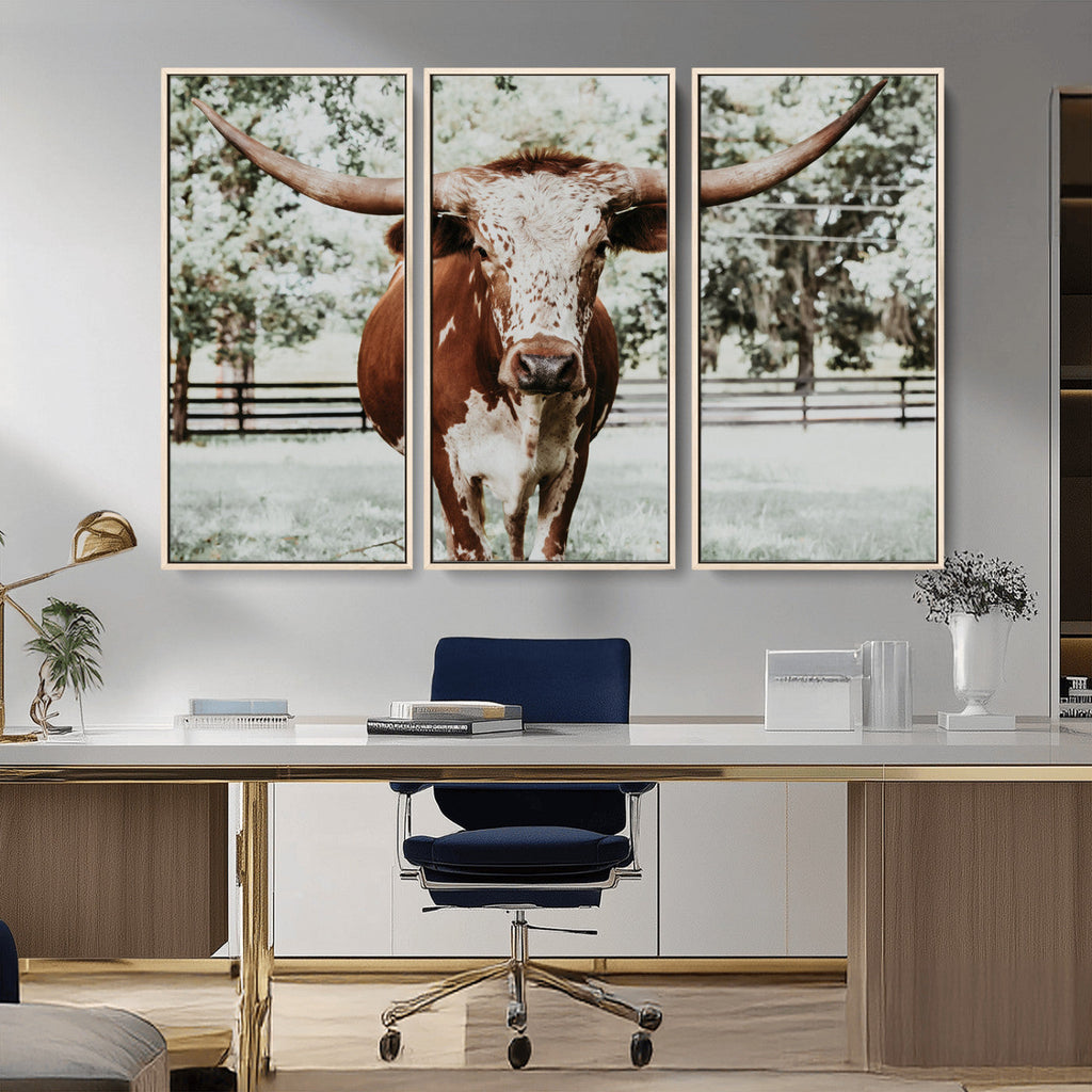 Texas Longhorn Wall Art Canvas Print | Framed Spotted Brown and White Bull