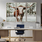 Texas Longhorn Wall Art Canvas Print | Framed Spotted Brown and White Bull