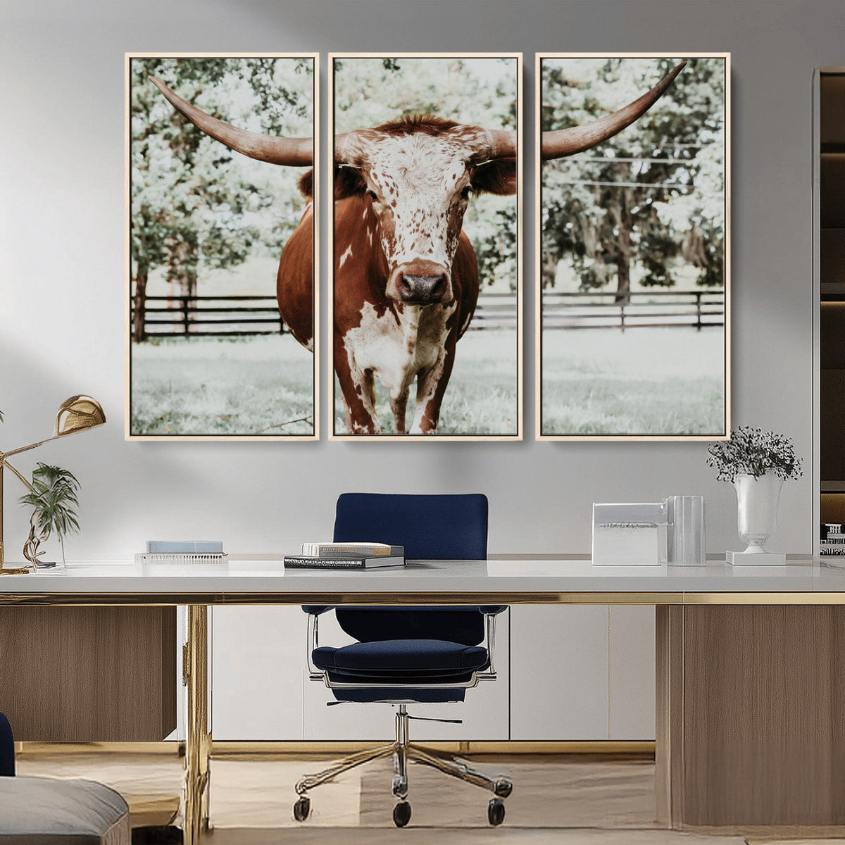 Texas Longhorn Wall Art Canvas Print | Framed Spotted Brown and White Bull