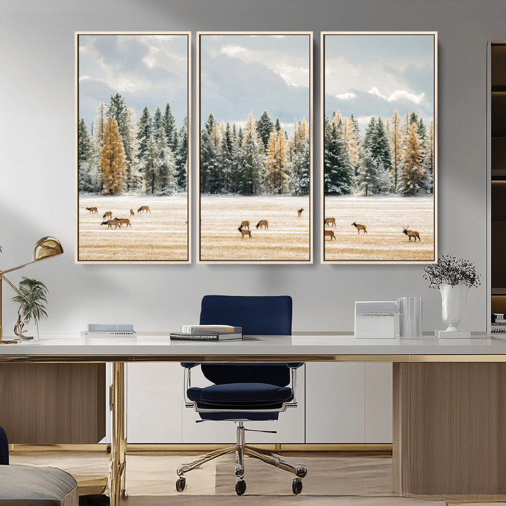 Elk Herd Wall Art, Framed Snowy Forest Canvas Artwork