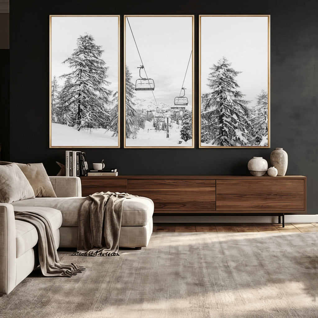 Ski Lift Wall Art | Framed Snowy Mountain Canvas Artwork