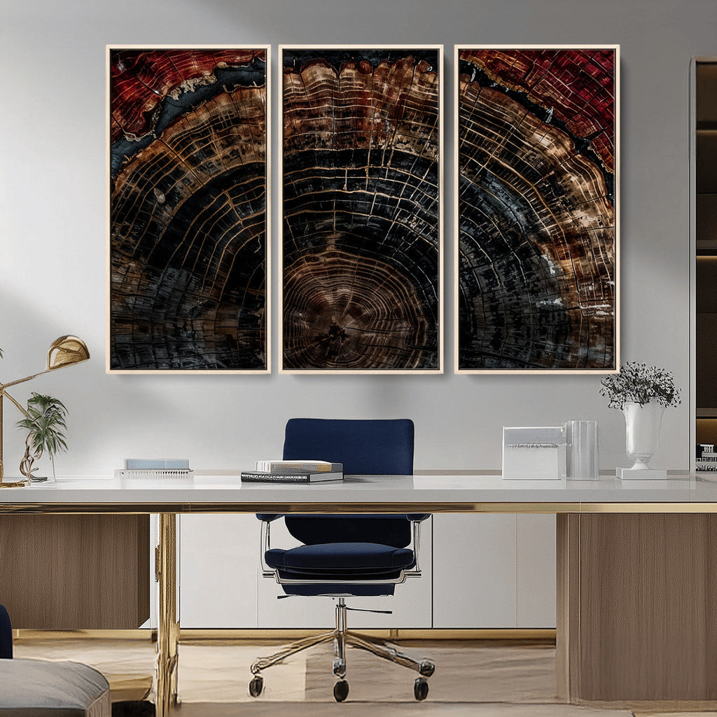 Dark Wood Ring Wall Art Canvas Print, Framed Abstract Tree Slice Print, Rustic Wood Grain Decor