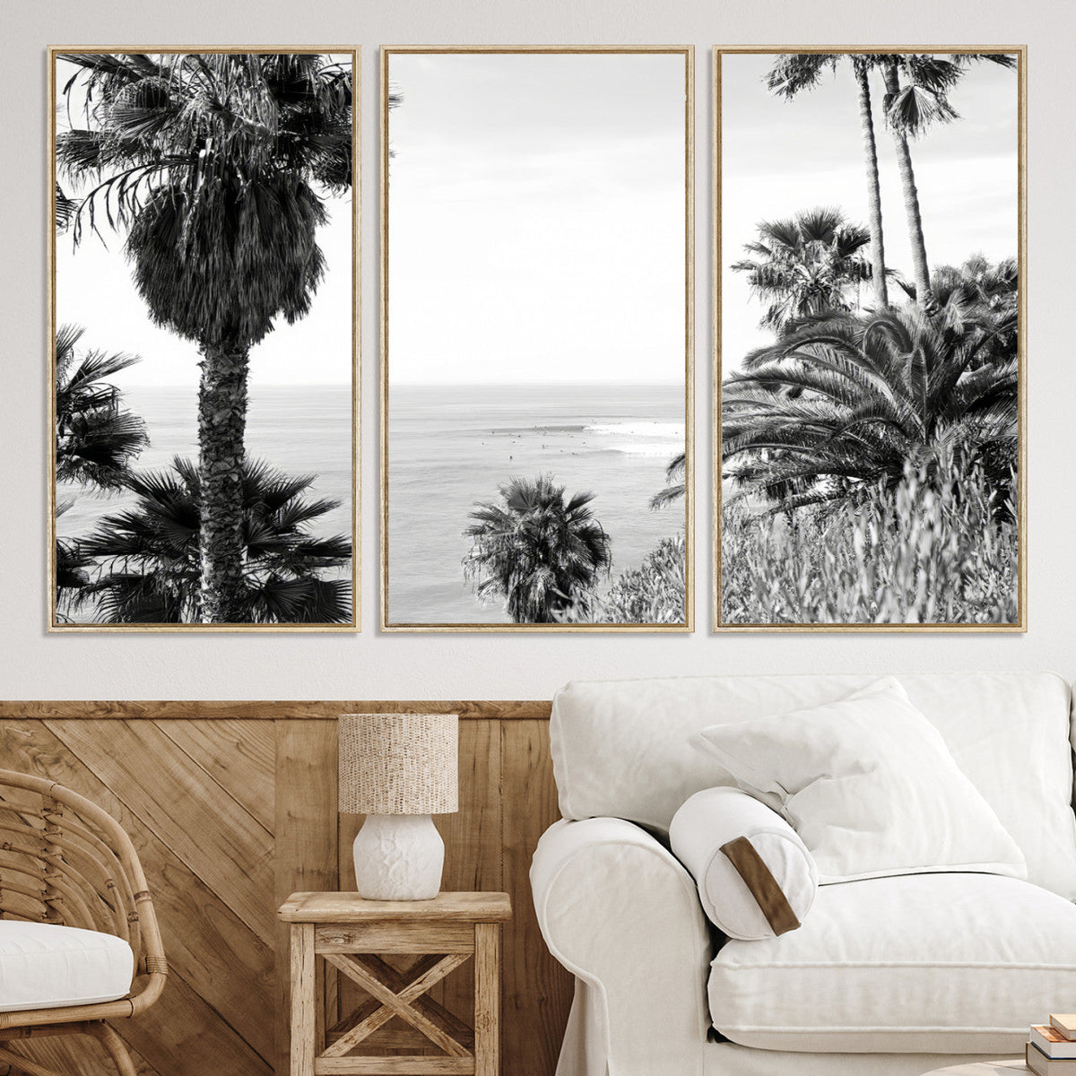 Palm Trees Wall Art Canvas Print, Framed Coastal Ocean Horizon Monochrome Art