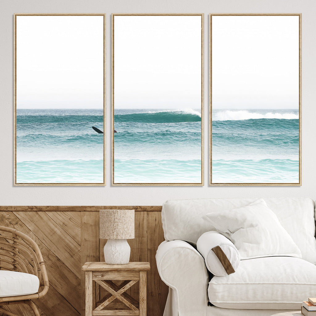 Surfing Wall Art Canvas Print, Framed Minimalist Ocean Waves Beach Art
