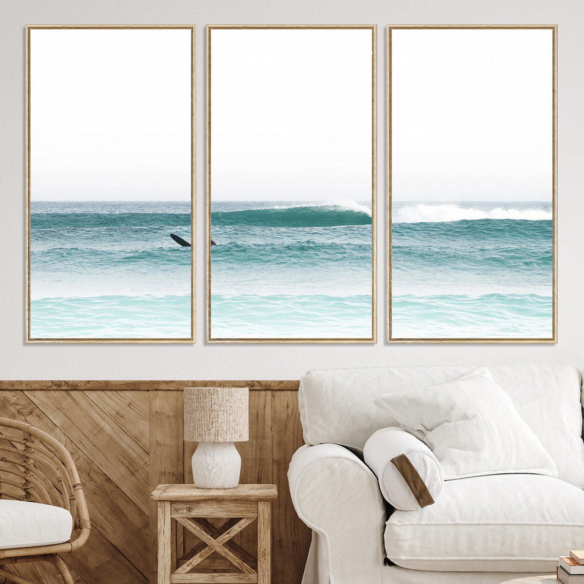 Surfing Wall Art Canvas Print, Framed Minimalist Ocean Waves Beach Art