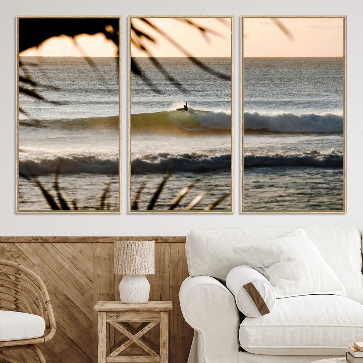 Sunset Surf Wall Art Canvas Print, Framed Golden Hour Waves Boho Beach Art