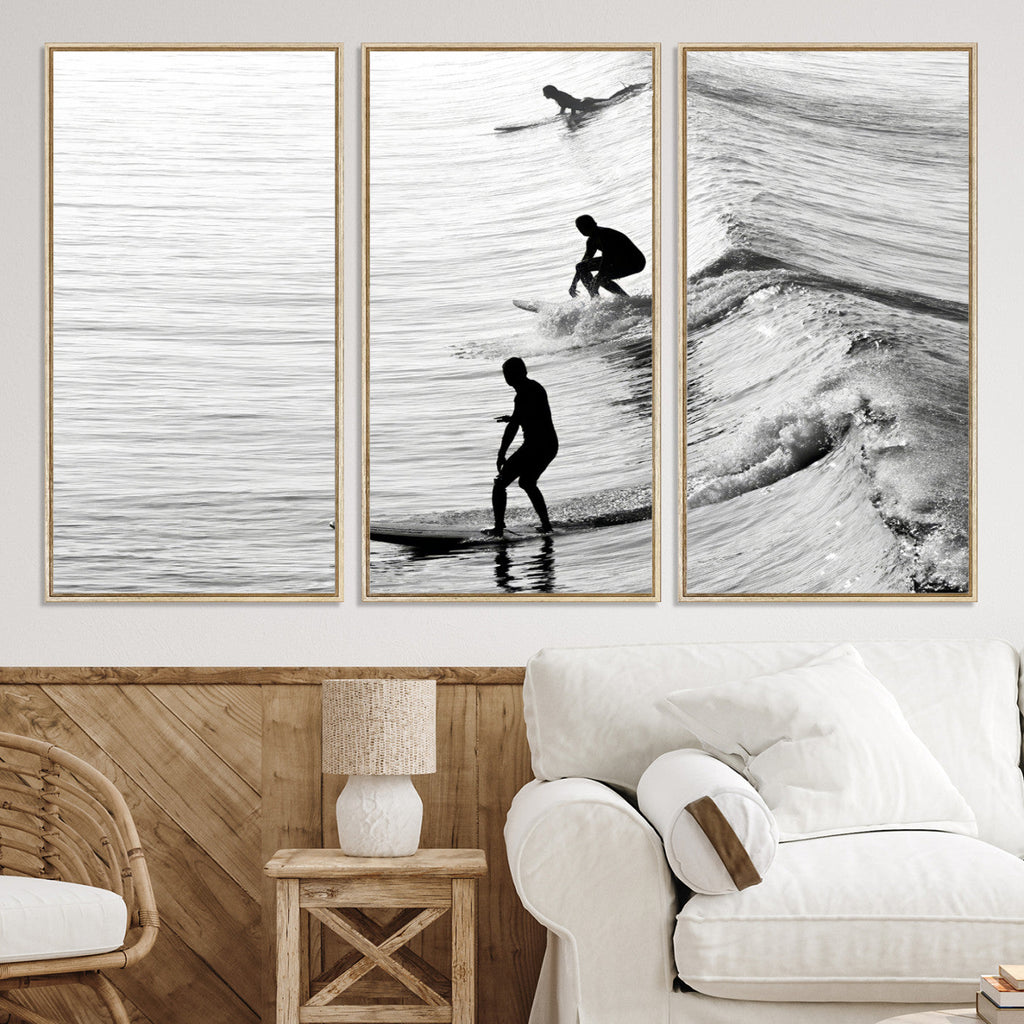 Surfers on Waves Wall Art Canvas Print | Framed Black and White Surf