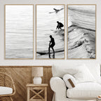 Surfers on Waves Wall Art Canvas Print | Framed Black and White Surf