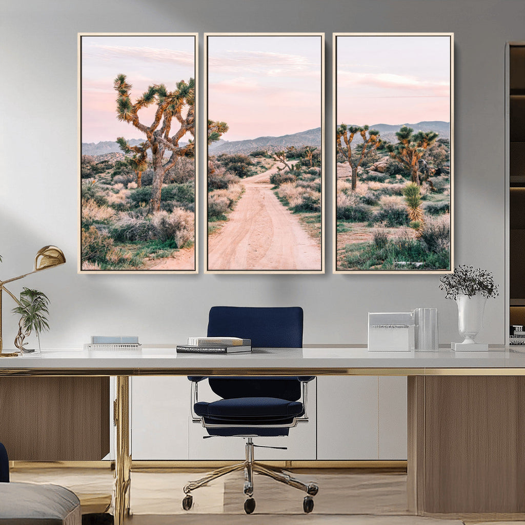 Joshua Tree Wall Art Canvas Print, Framed Desert Road Scene at Sunset
