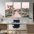 Joshua Tree Wall Art Canvas Print, Framed Desert Road Scene at Sunset