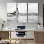Black and White Surfing Wall Art Canvas Print, Framed Ocean Horizon Surfer Girl