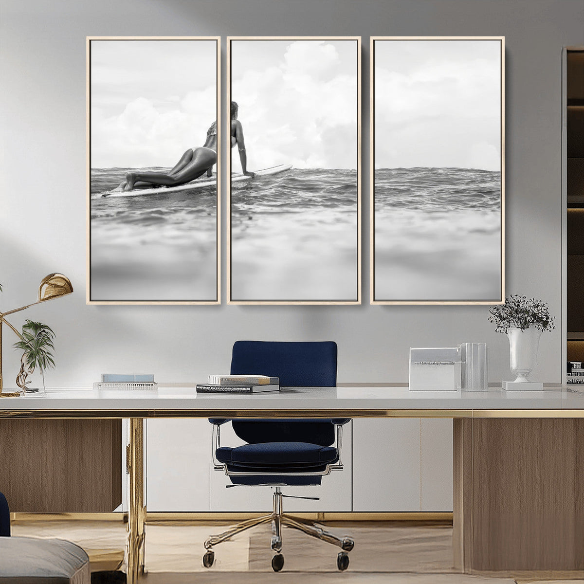 Black and White Surfing Wall Art Canvas Print, Framed Ocean Horizon Surfer Girl