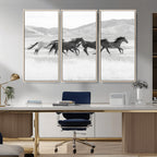 Wild Horses Running Wall Art Canvas Print, Framed Black White Mustangs Artwork