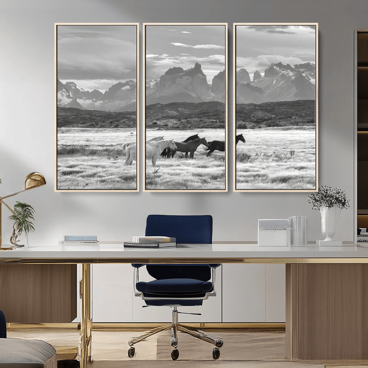 Wild Horses Wall Art | Framed Black White Mountain Canvas