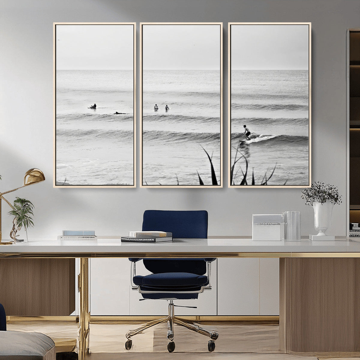 Surfer Silhouette Wall Art | Framed Calm Ocean Canvas