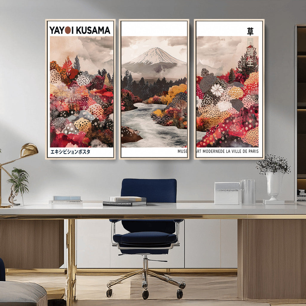 Modern Japanese Wall Art Canvas Print, Framed Abstract Mount Fuji Art, Yayoi Kusama Japanese Landscape