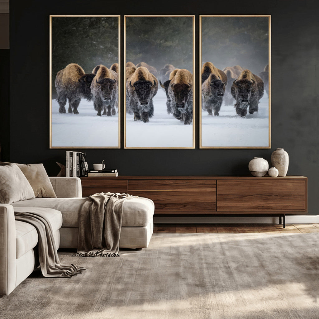 Bison Herd Wall Art Canvas Print, Framed Rustic Wildlife Decor, Snowy Bison Landscape