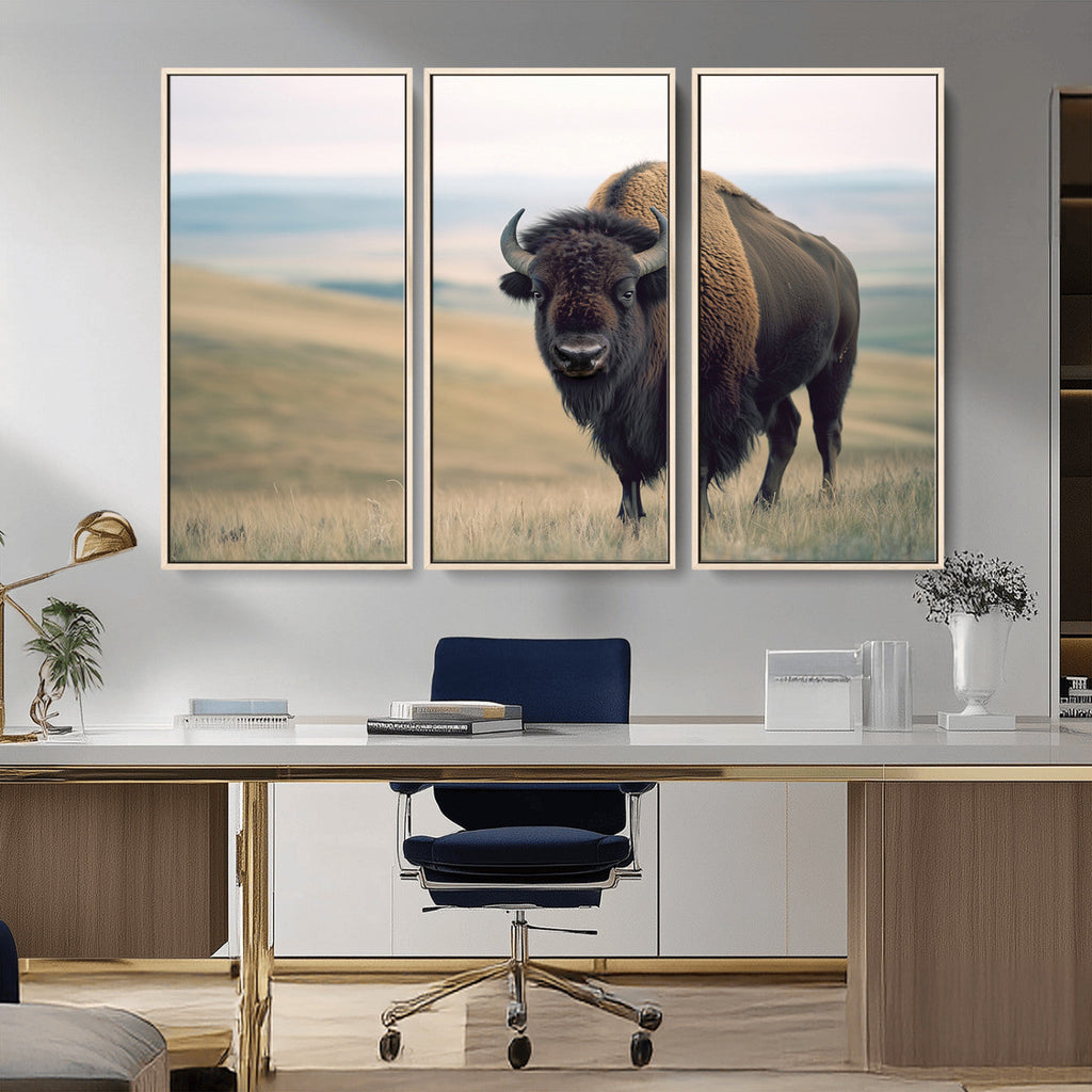 Bison Wall Art Canvas Print, Framed American Buffalo Rustic Western Artwork