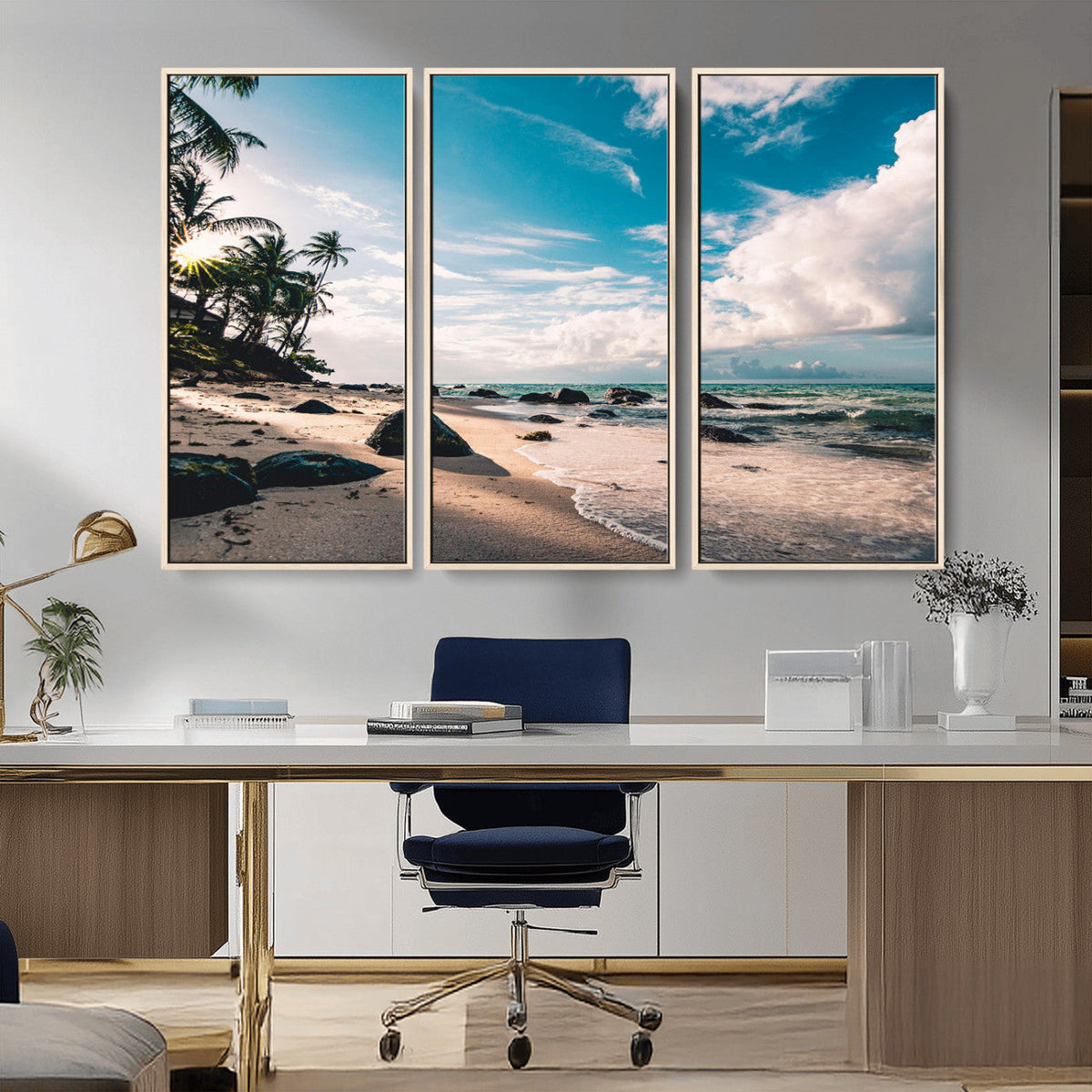 Tropical Beach Wall Art Canvas Print, Framed Ocean Waves Relaxing Seascape