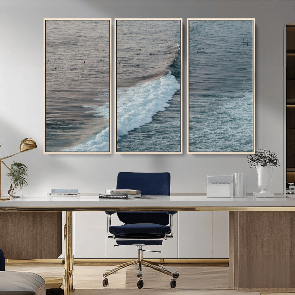 Ocean Waves Wall Art Canvas Print, Framed Coastal Serenity Surf Scene
