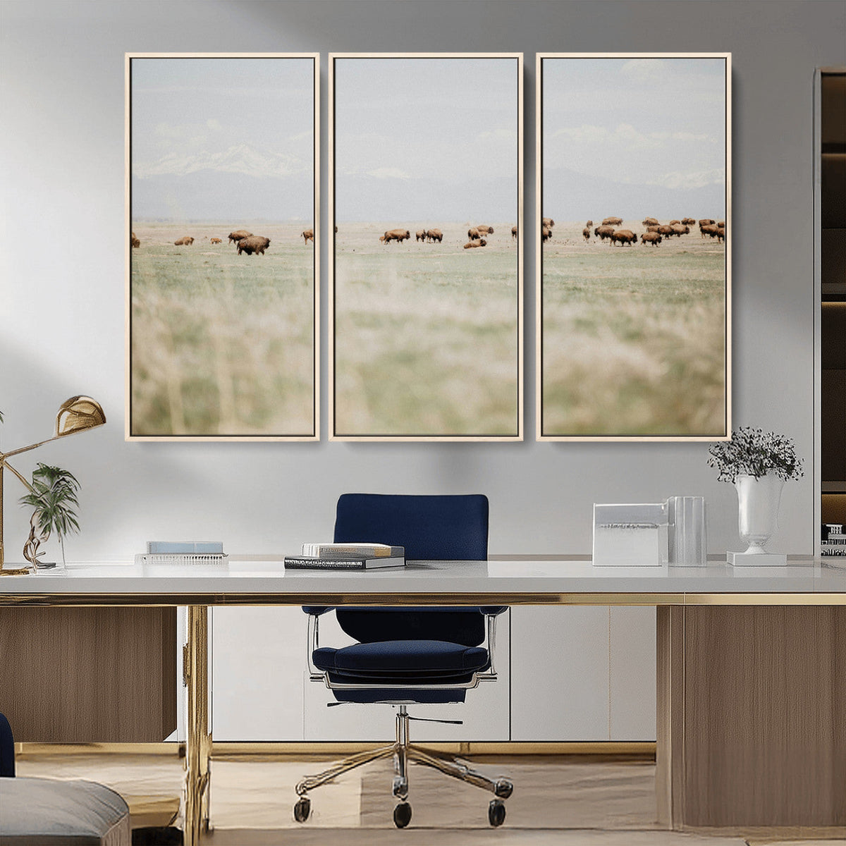 Bison Herd Wall Art Canvas Print, Framed Western Ranch Nature Scene