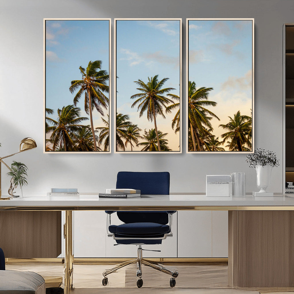 Palm Trees Wall Art Canvas Print, Framed Tropical Vibes Coastal Sunset