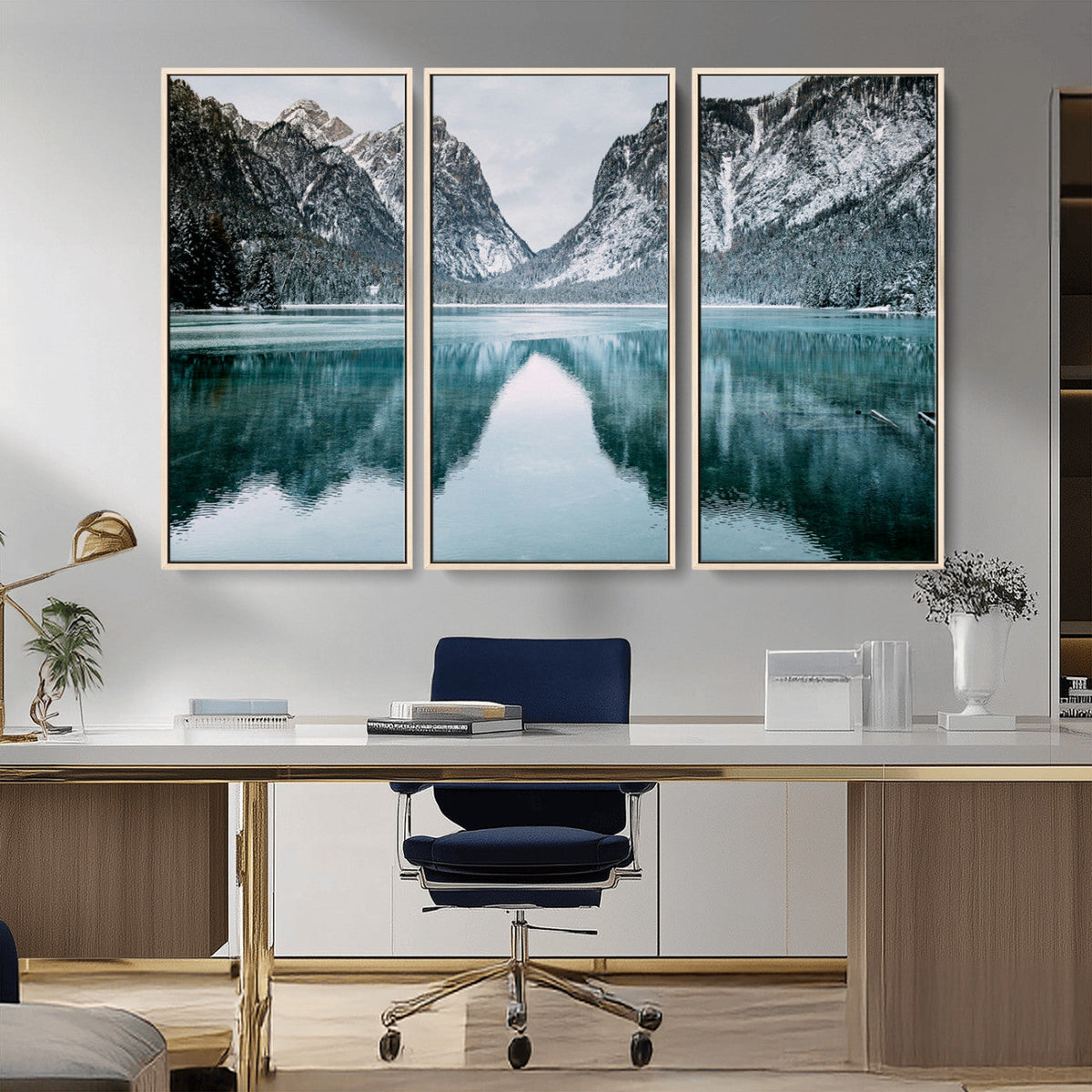 Mountain Lake Wall Art Canvas Print, Framed Toblacher See Winter Wonderland