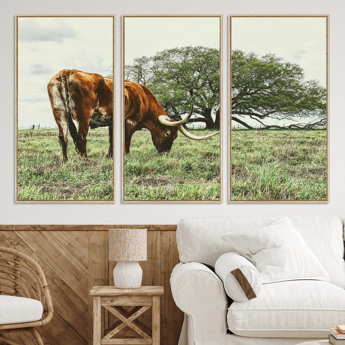 Texas Longhorn Wall Art Canvas Print, Rustic Western Ranch