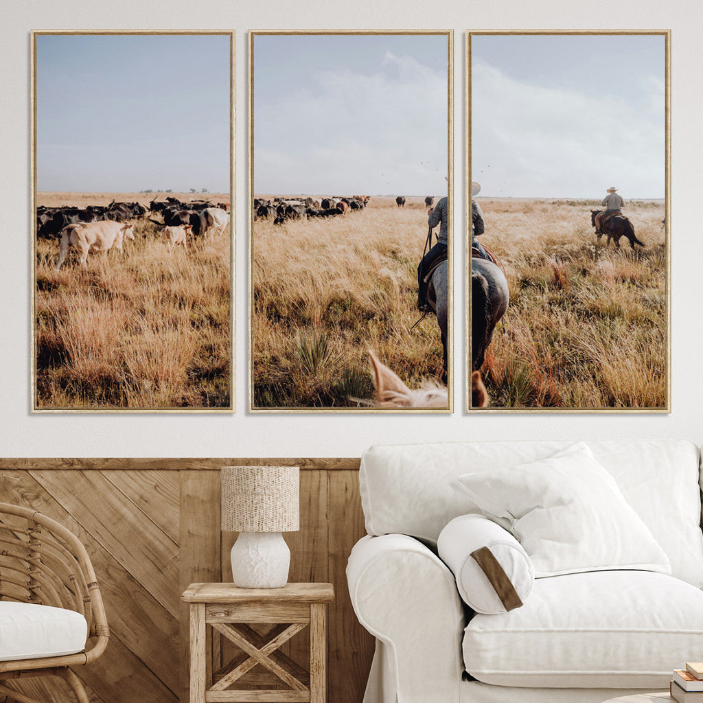 Western Wall Art Canvas Print, Framed Cowboy Cattle Drive Scene