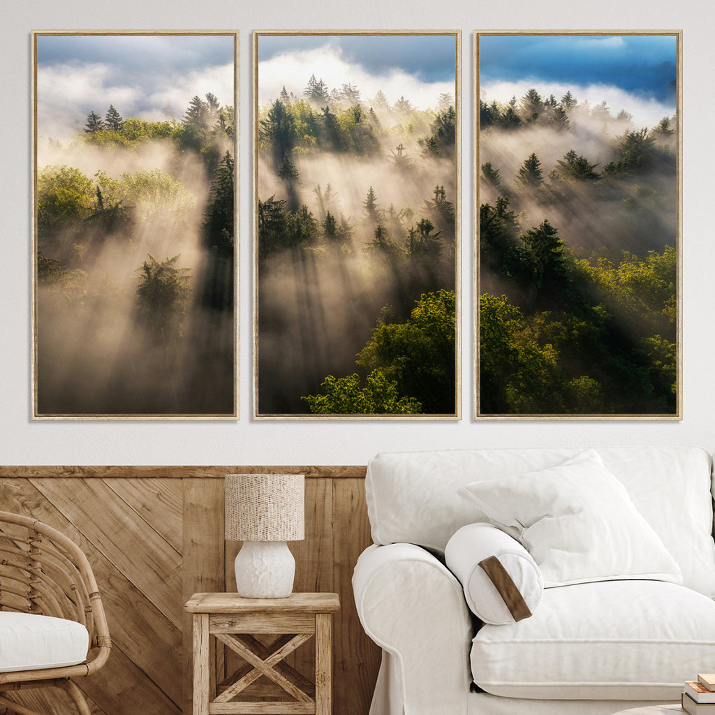 Tranquil Forest Scene Wall Art Canvas Print, Framed Moody Sunbeam Through Trees