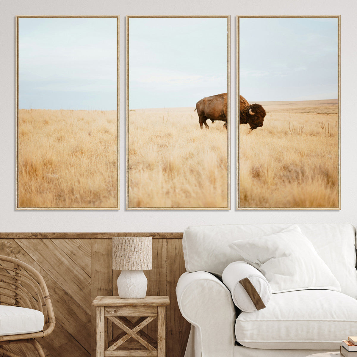 Buffalo Wall Art Canvas Print, Framed Western Wildlife Rustic Prairie Scene