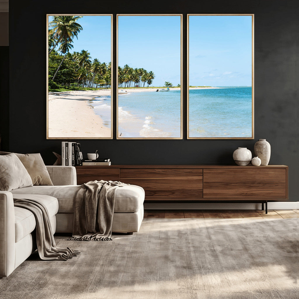 Palm Tree Coast Wall Art Canvas Print, Framed Island Getaway with Crystal Blue Water