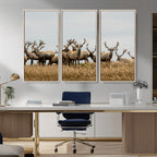 Elk Herd Wall Art Canvas Print, Framed Wildlife Photography Art, Majestic Antlers Rustic Wildlife Decor