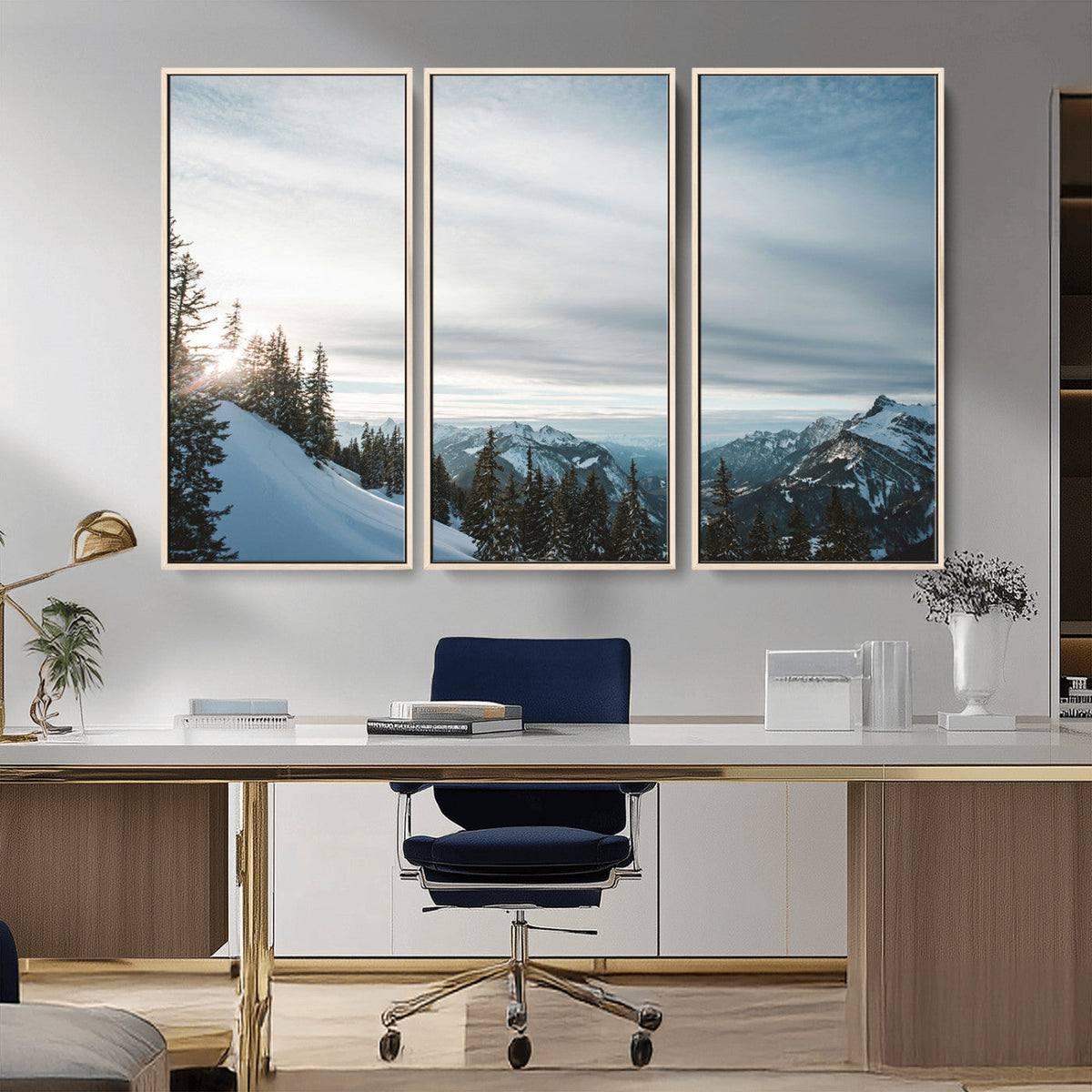 Snowy Mountains Wall Art Canvas Print, Framed Alpine Landscape Frosty Peaks Artwork